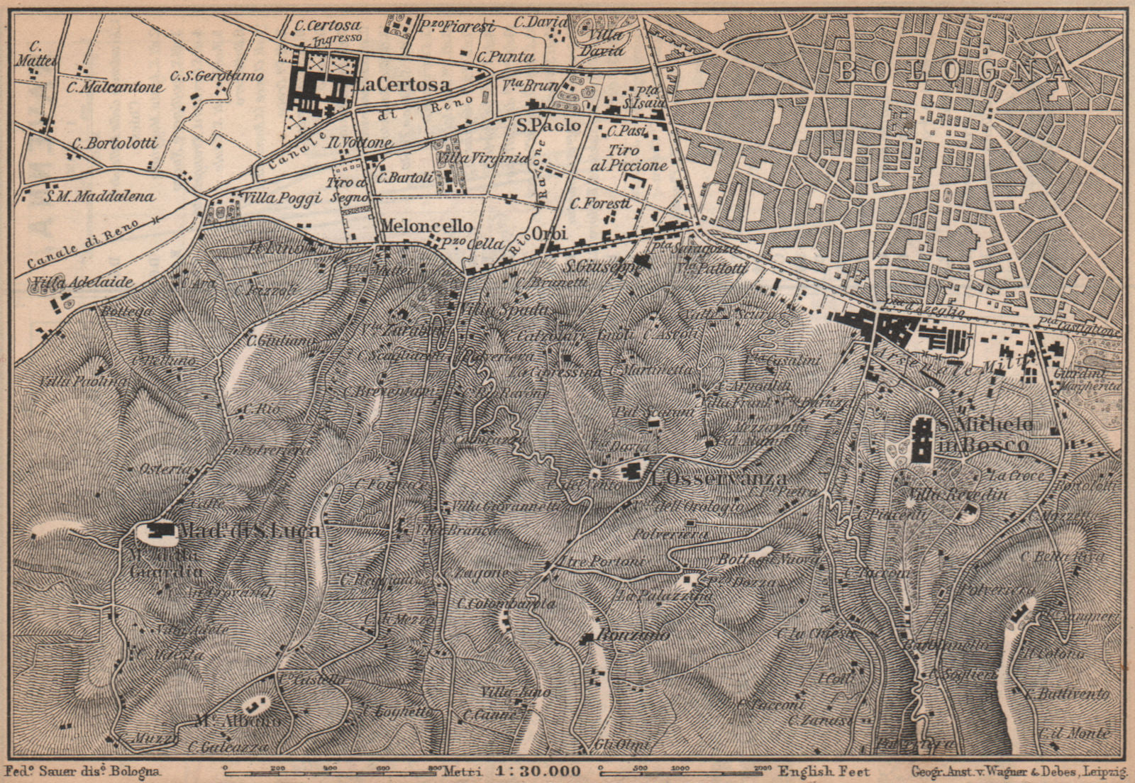 BOLOGNA environs. Certosa. Madonna di San Luca. Santo Michele in Bosco 1895 map